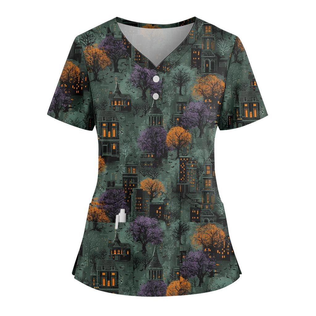 Women's Loose Short Sleeved Fashionable Halloween Print V-neck Buttonable Side Slit Top T-shirt