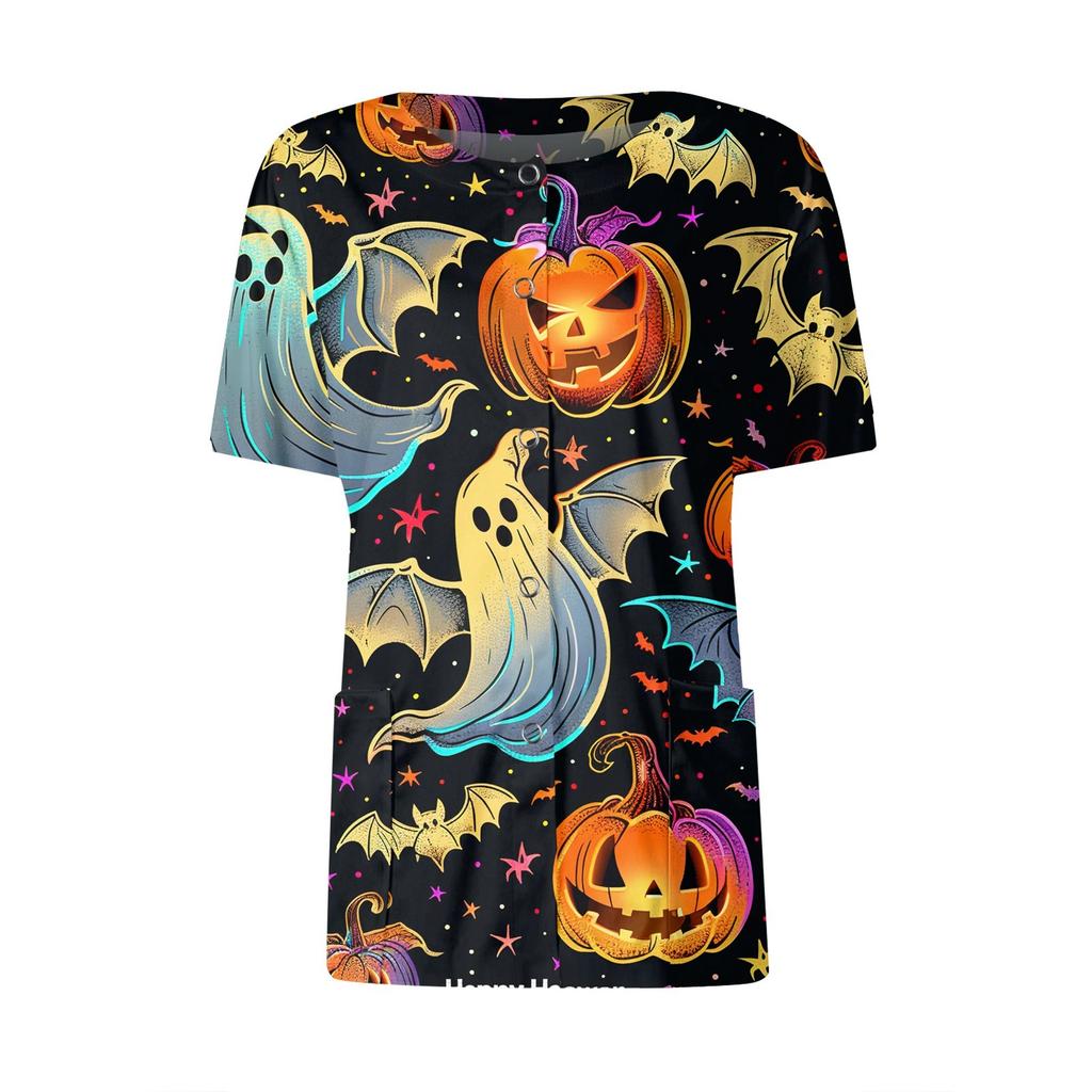 Women's Short Sleeved Patterned Pockets, Work Print Stand Up Collar, Single Breasted Protective Clothing, Cardigan Jacket, Top