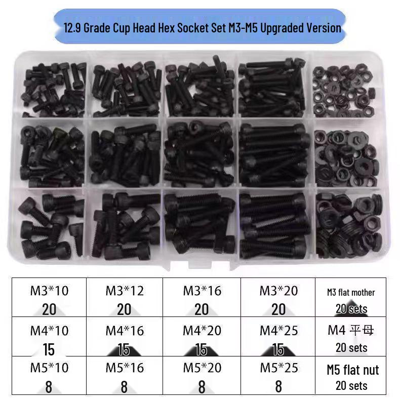 360-Piece High Strength Grade 12.9 Internal Hex Socket Screw and Hex Nut Set (M3, M4, M5, M6)