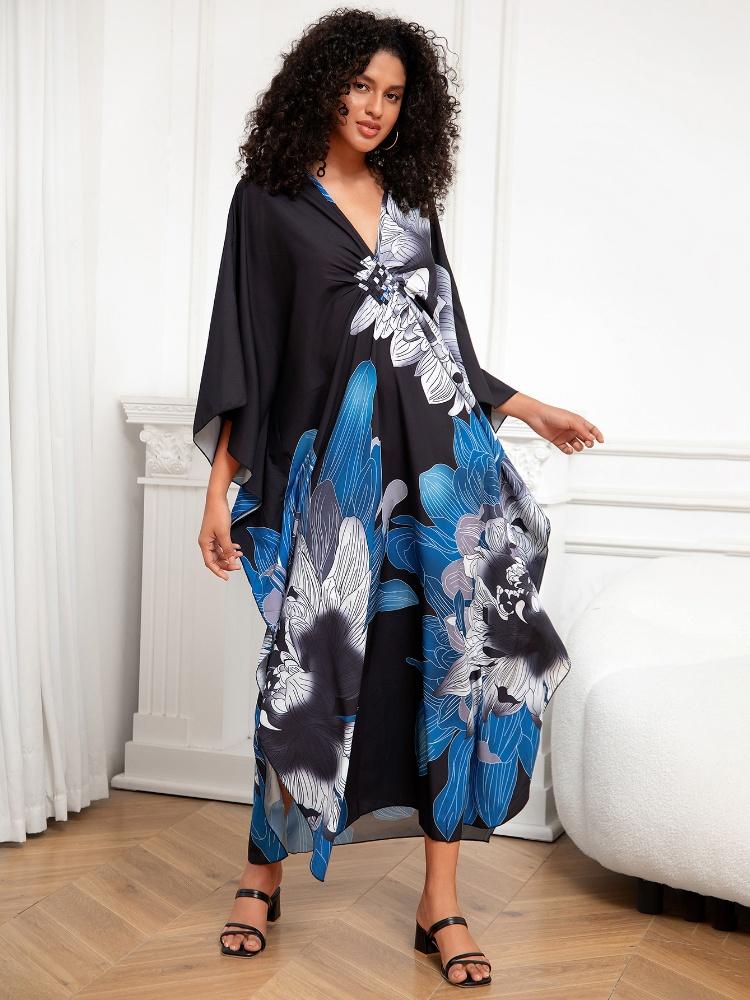 EDOLYNSA Versatile Blue Women's Kaftan Robe Light jacket Caftan Bathrobe Vacation Long Dress Hot Selling Lounge around Outfit Q1289