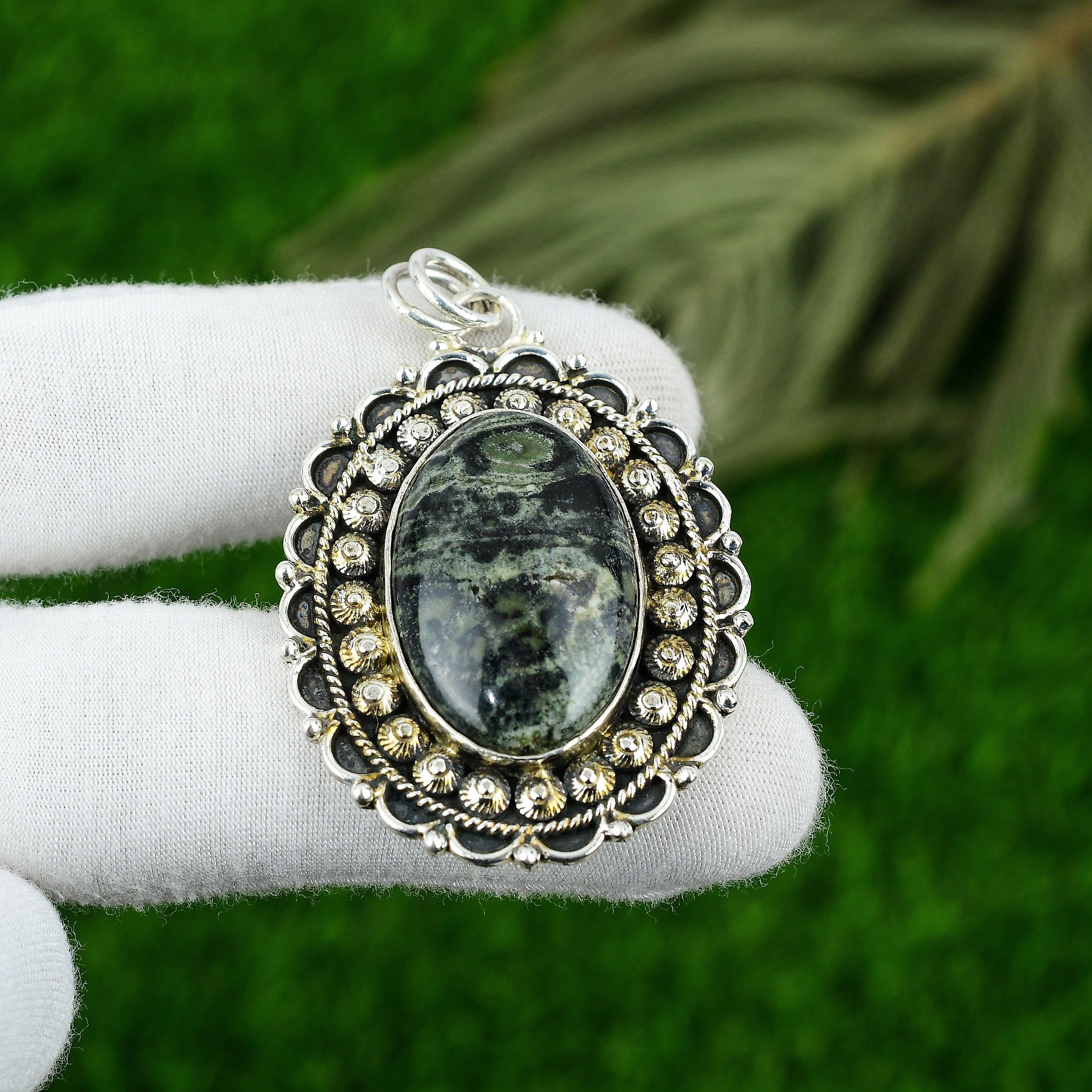 

925 Silver Oval Kambaba Jasper Stone Daughter Engagement Bezel Wedding Pendant