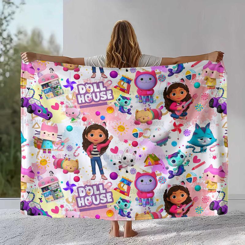 Süßes Gabby's Puppenhaus Cartoon Mädchen Flanelldecke, Ultra Weiche Warme Plüschdecke für Zuhause Schlafzimmer Bett Sofa Abdeckung Camping Picknick