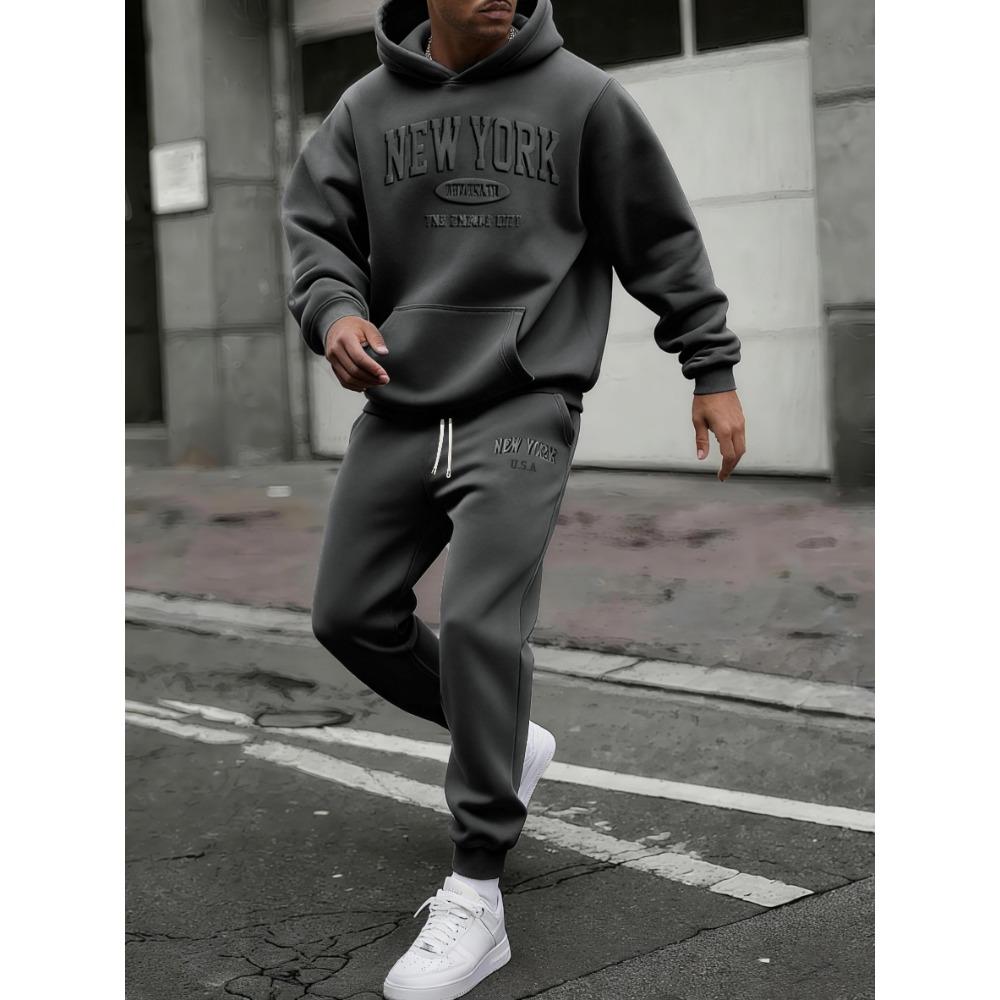 Men's Autumn and Winter Casual Fashion Two-piece Set, Hooded Long Sleeved Sweatshirt and Pants with New York Embossed Print