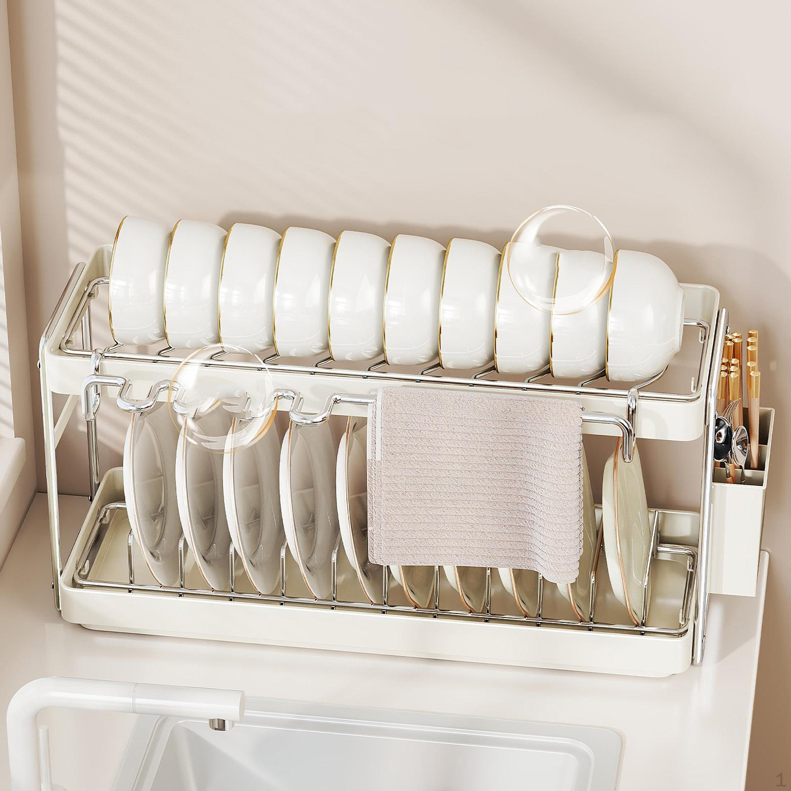 

2-ярусная настольная сушилка для посуды, органайзер для кухни с поддоном для сбора воды, компактная сушилка 37x16.5x31cm