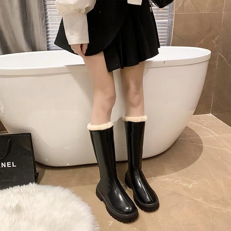 Fashion Thickened Long Tube Boots Women's Autumn Winter New Fashion Fleece Lined Zipper Back Riding Boot Knee High Rubber Outsole