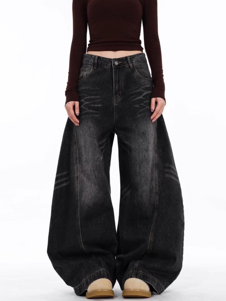 Japanische Mode Vintage Schwarz Patchwork Baggy Damen Jeans Hose Weiter Bein Damen Kleidung Lässig Baumwolle Denim Hose