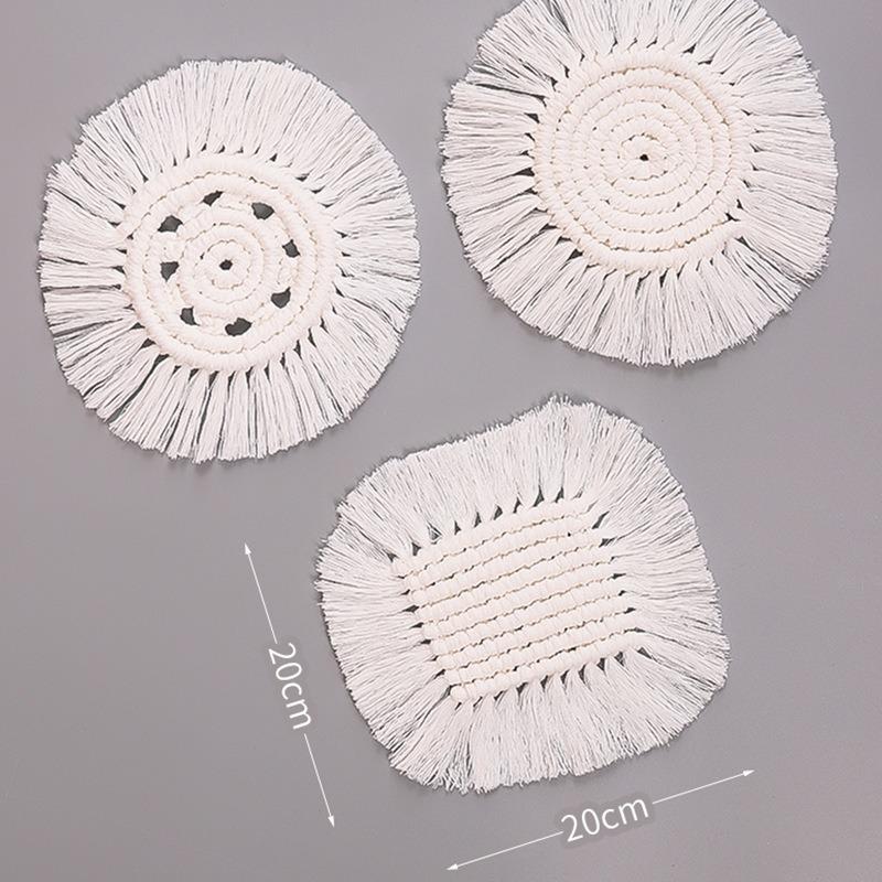 White Tassel Hand-woven Cotton Rope Coaster Nordic Style Insulation Mat Table Top Simple Decorative Mat Drinkware Coaster