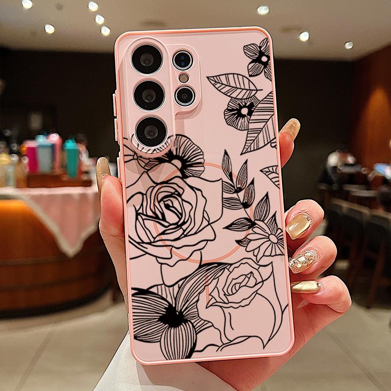 Magnetic For Magsafe Case For Samsung Galaxy S26 Ultra S25 Edge S24 Plus S23 FE S22 A54 A55 A56 5G Line Rose Flowers Leaves Pattern Matte Cover