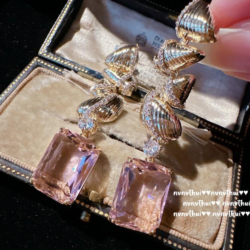 Náušnice Princezna Mořská Panna Mušle Drahokam, Papalacha, Pozlacené 18K Zlatem, Růžové Horké Růžové Zirkony s Velkým Karátem