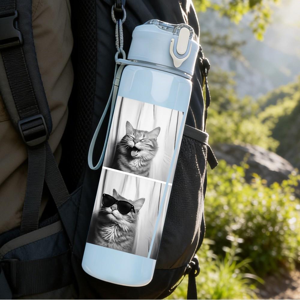 1PC Four Panel Cat Meme Comic Print 750ml Color Plastic Sports Water Bottle Leakproof Flip Straw Lid Suitable for Sports Office Home Use