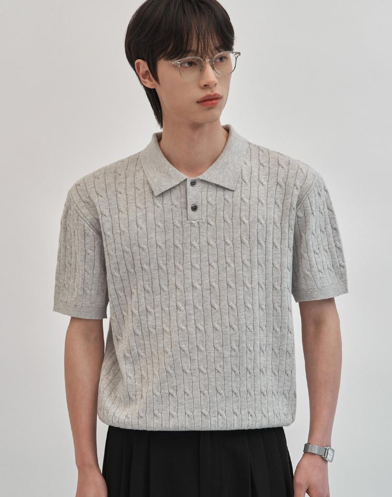 WORK ON BODY OFF Tres Semi-Overfit Cable Collar Short Sleeve Knit [Gray]
