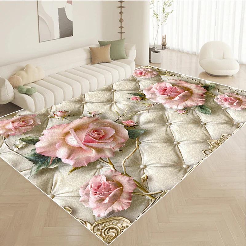 Nordic Luxury Pink Carpet Living Room Large Size Pastoral Flower Home Bedroom Rugs Washable Lounge Rug Hotel Lobby Floor Mats