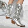 Fashion IPPEUM Women Cowboy Boots Mid Calf Western Shoes Silver Pu Leather Block Heel Plus Size 44 Mid Calf Cowgirl Shoes