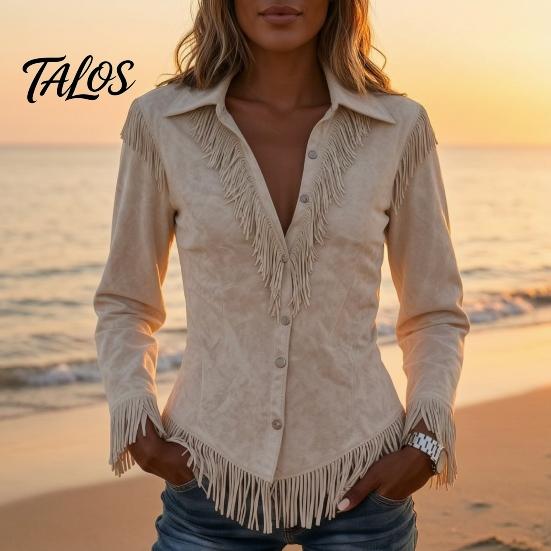 Skin Friendly Apparel Women Tassel Shirt for Autumn, Button Down Slim Fit Fringe Everyday Wear Blouse, Solid Color Casual Long Sleeve Top, Western