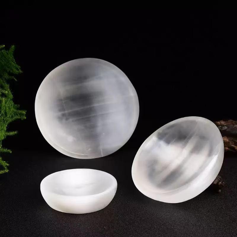 Natural Moroccan Selenite Round Grooved Bowl for Stone and Bracelet Demagnetizing