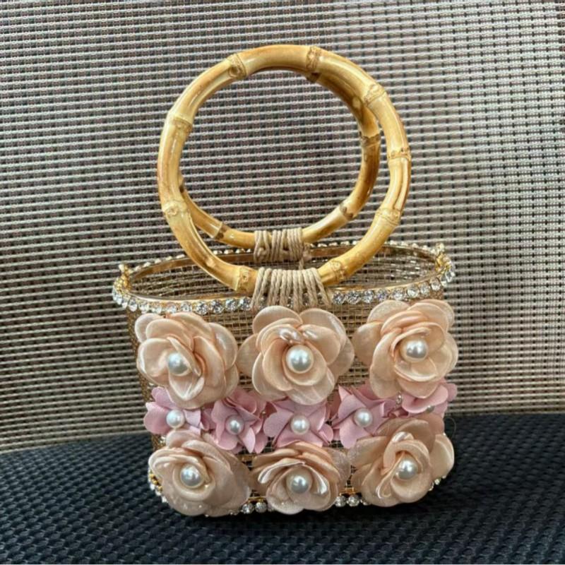 Straw Sunflower Square Birdcage Handbag With Hollow Cutout Design Women Evening Party Tote Bag