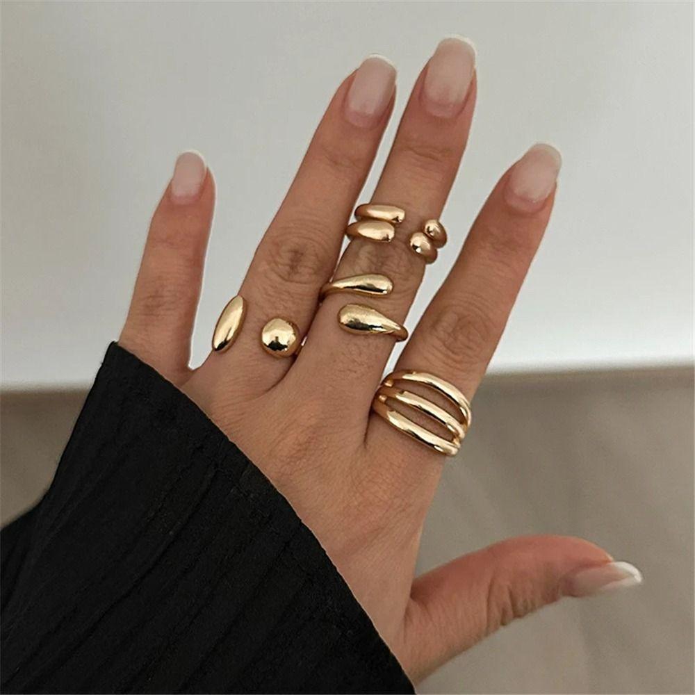 4Pcs Trendy Hug Shape Adjustable Open Rings Irregular Hip Hop Style Geometric Rings Set Stackable Finger Ring Jewelry for Women