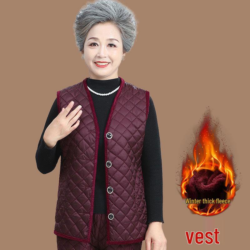 Warm Winter Three-Piece Set for Elderly Women: Fleece-Lined Cotton Coat and Pants
