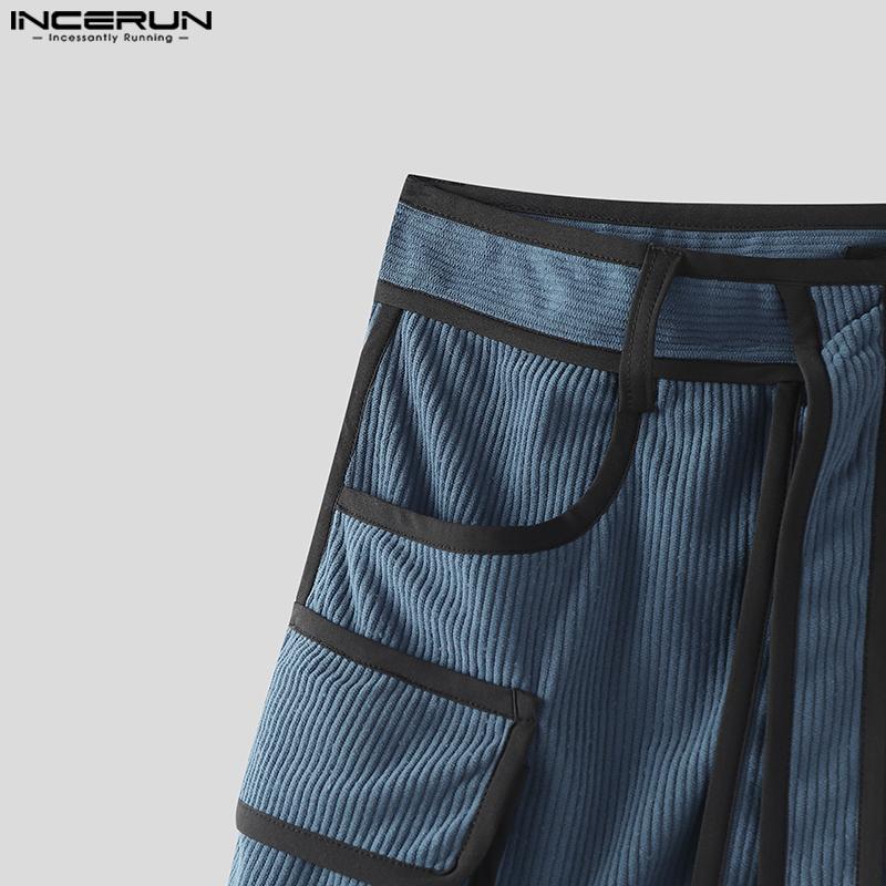 INCERUN Men Zip-up Waist Stitching Belt Corduroy Casual Long Harem Pants Trousers 
