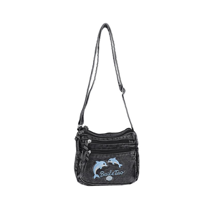 Retro Delfin Jeans Crossbody-Tasche - Lässige und vielseitige Umhängetasche für Damen schwarz
