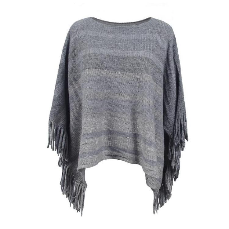 Women Autumn Winter Loose Knitwear Sweater O Neck Bat Sleeve Stripe Cardigan Cross Border Cloak