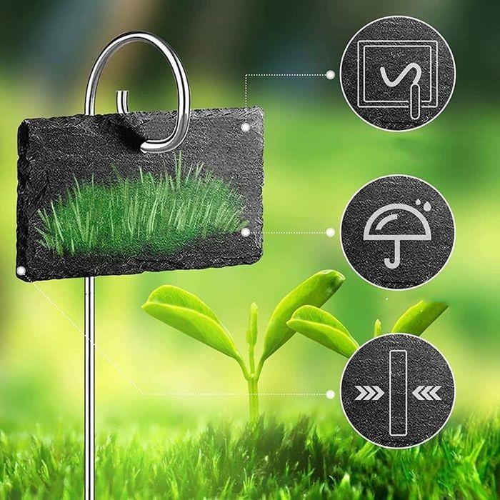 10 x étiquettes en ardoise pour plantes avec piquets métal 40 cm – 10×7 cm, réutilisables et imperméables