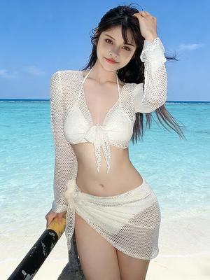 2026 Elegante Conjunto de Bikini de Punto de Manga Larga para Mujer: Trajes de baño con push-up para vacaciones