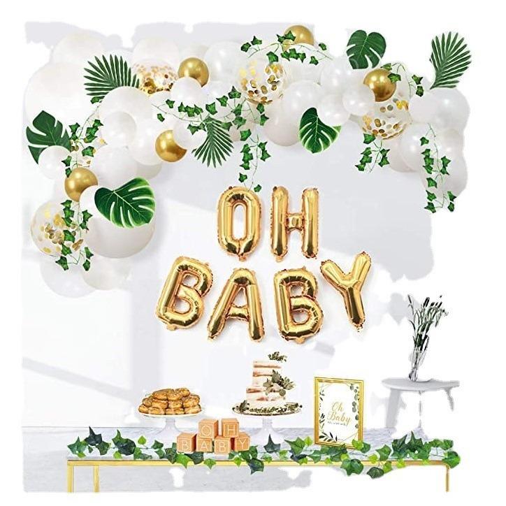 Gold Oh Baby Aluminum Film Balloon, Grape Leaf Decoration, White Birthday Confession Balloon Arch Bridge Kit