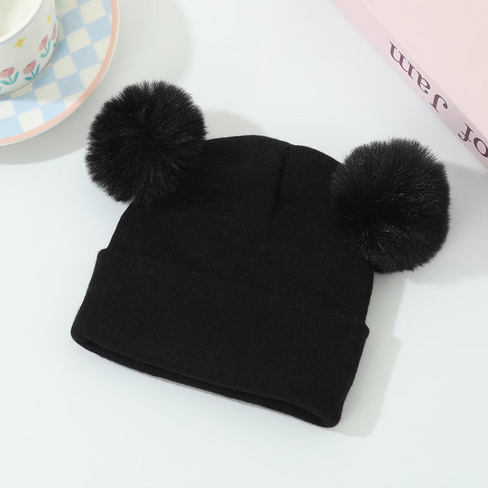 Core-Spun Yarn Double Pom-Pom Thick Knitted Hat for Autumn/Winter - Warm and Cute Style for Kids
