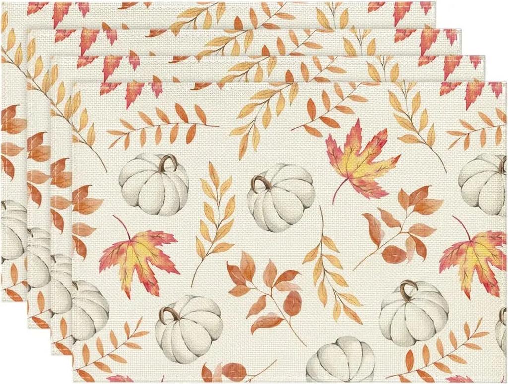 Fall Thanksgiving Table Mats Set of 4 Fall Pumpkin Maple Leaves Buffalo Plaid Placemats Seasonal Holiday Thanksgiving Placemats