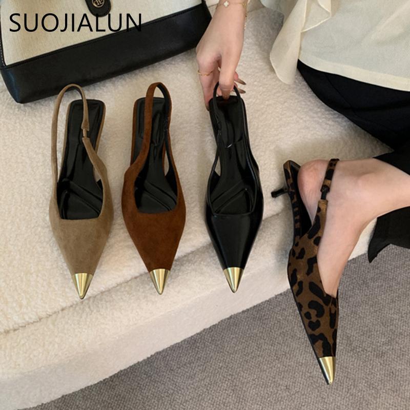 Fashion SUOJIALUN 2025 Spring New Brand Women Sandal Fashion Pointed Toe Shallow Slip On Ladies Slingback Shoes Thin High Heel Dress Pum