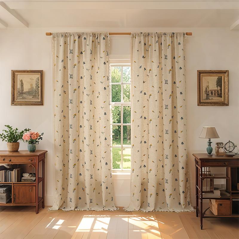 Boho Curtain Daisy Embroidered Farmhouse Window Treatments Beige Floral Curtain Rod Pocket Light Filtering Living Room Bedroom