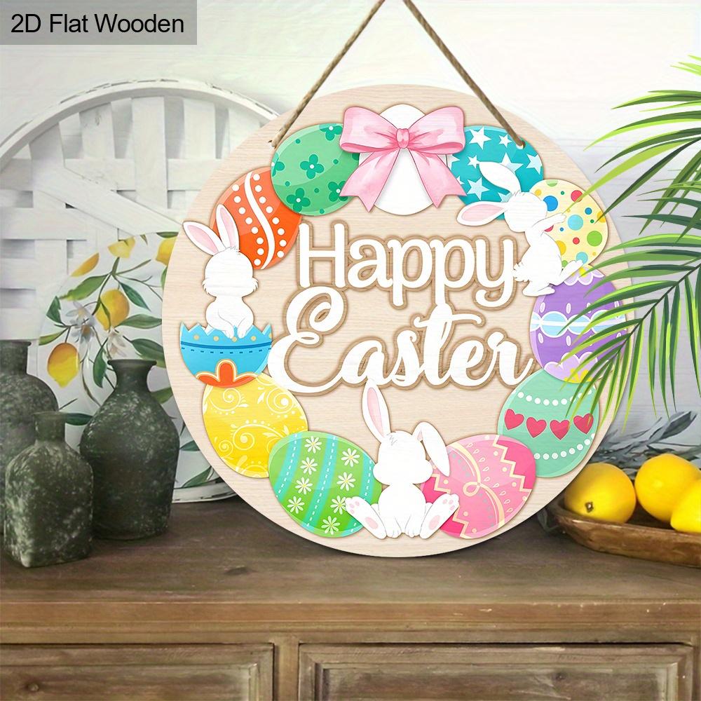 Happy Easter Bunny & Egg Wreath Wooden Sign, Round Front Door Decor, Colorful Spring Wall Hanging - Ideal Easter Gift