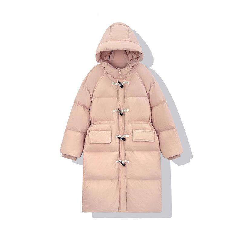 Gentle horn buckle down jacket women's long 2024 winter new Pinghu thickened small person over the knee warm jacket