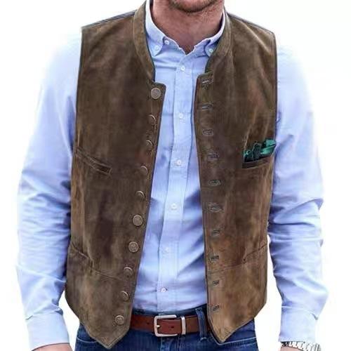 Men's Suede Vest with Multiple Pockets, Stand Collar, Casual Business Vest In Brown, Black, Wine Red, Blue, Olive Green