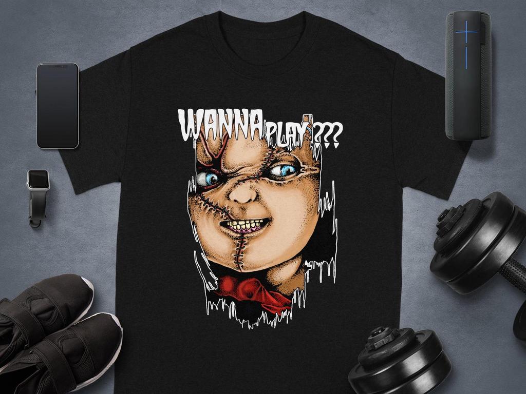 Wanna Play Chucky Tee T-Shirt, Horror Movie Tee, Cult Classic Design, Halloween Costume Idea, Scary Doll Graphic, 80s Horror Fan Gift