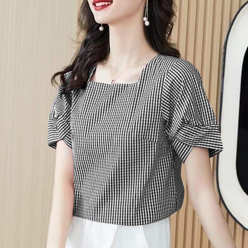 

ZANZEA Women Square Collar Short Sleeve Casual Grid Print Blouse S