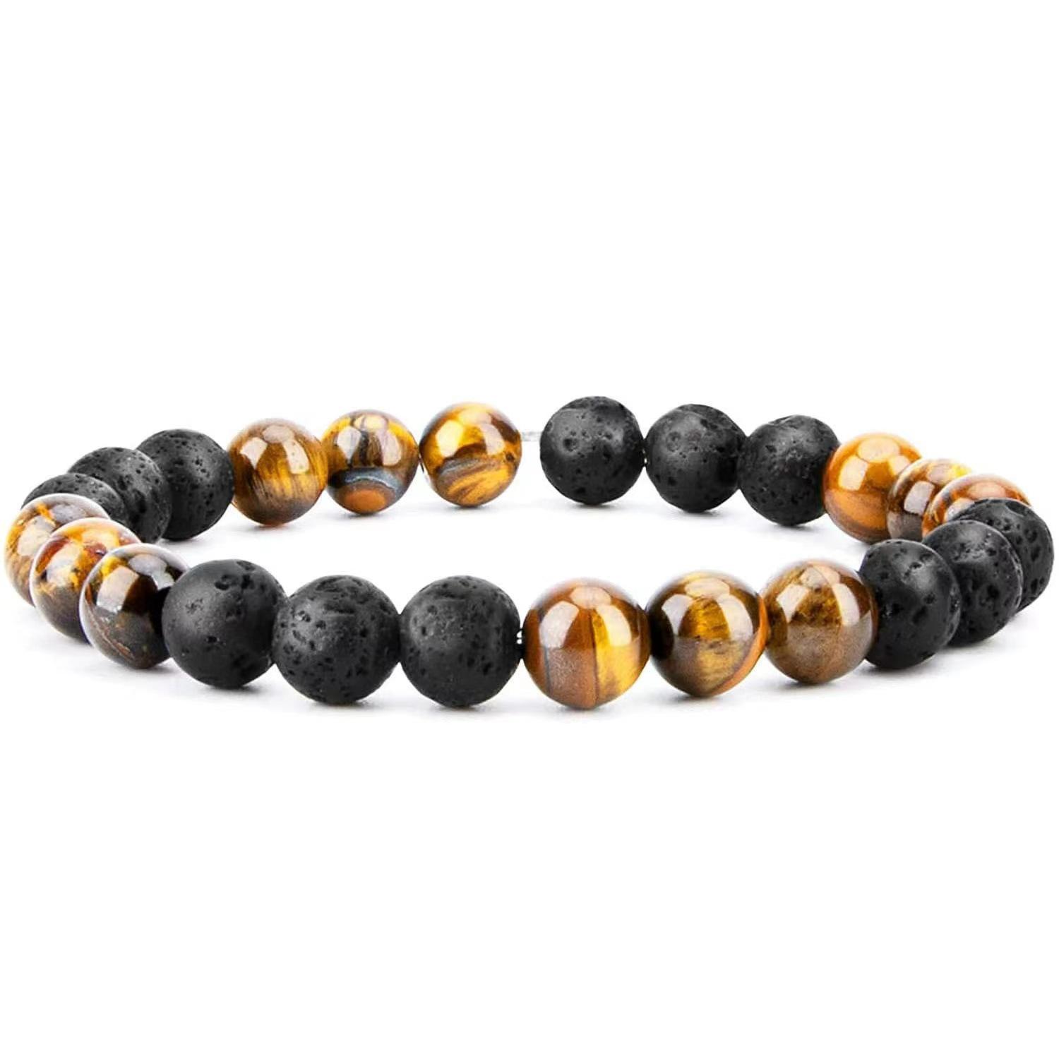 2-Piece Adjustable Tiger Eye  Lava Stone Bracelet Set, 8mm Beads 8MM