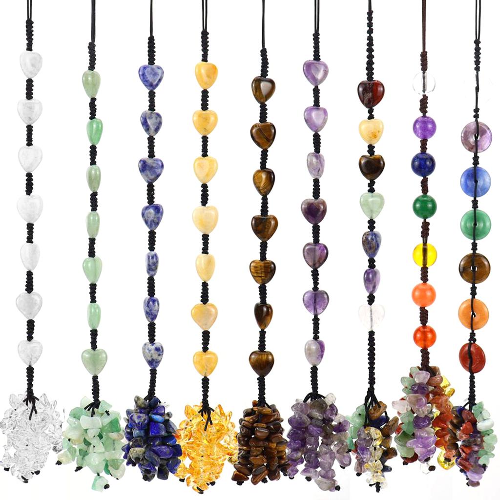 Car Crystal Pendant Natural Quartz Stone Rearview Mirror Ornaments Seven Chakra Heart-shaped Hanging Styling Accessories