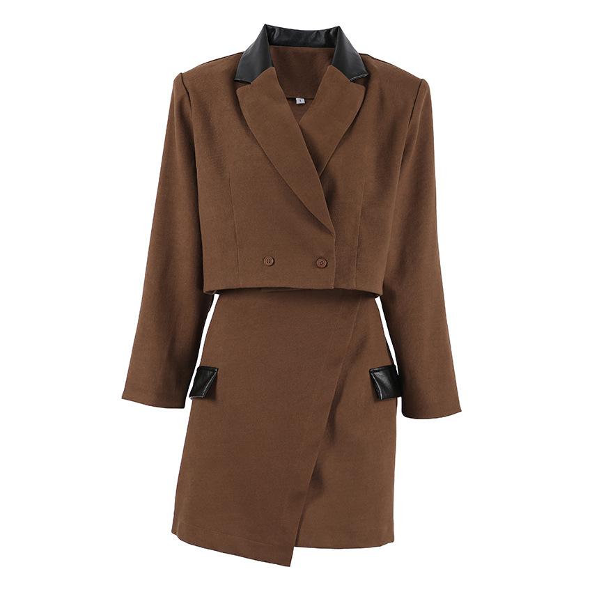 Autumn European and American high-end fashion casual suit women's short high-waisted color matching irregular short skirt two-piece set