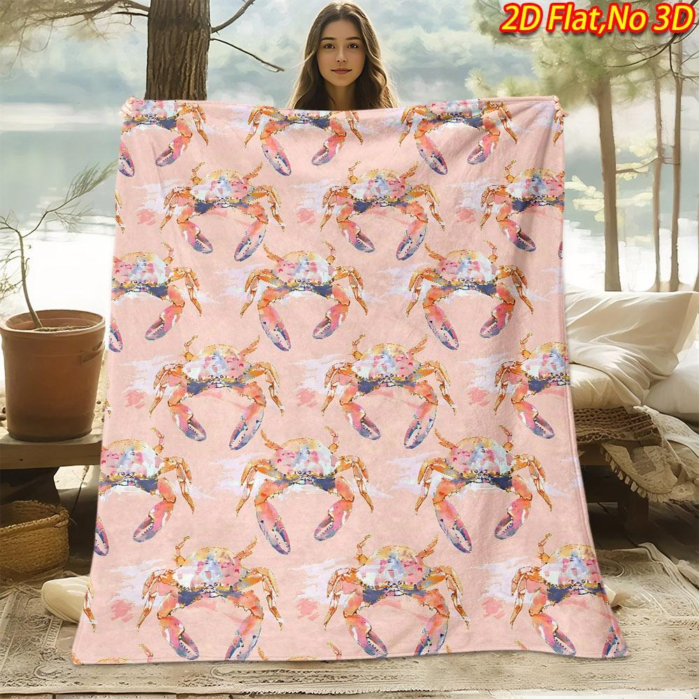 1pc 2D Flat Printing Spring And Summer New Arrival Watercolor Style Crab Theme Digital Print Blanket, Throw Blanket, Soft And Comfortable 100% Polyest