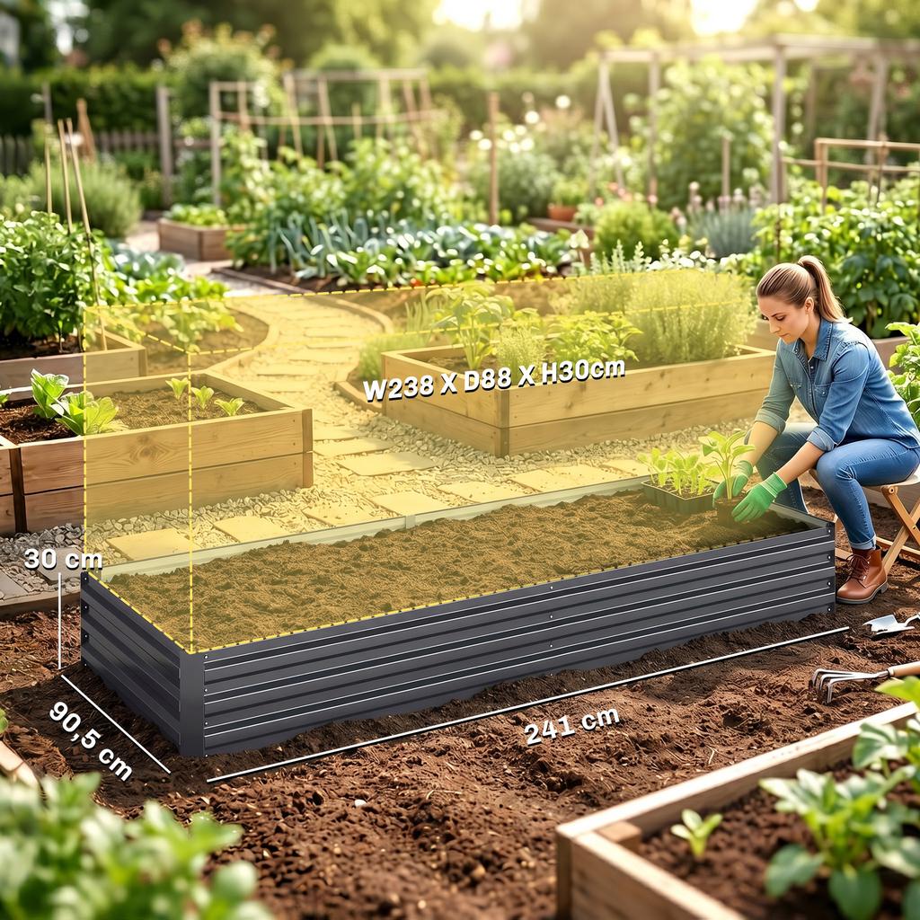 Metal Raised Garden Bed Planter Box Outdoor Planters for Growing Flowers, Herbs, Grey, 241x90.5x30cm
