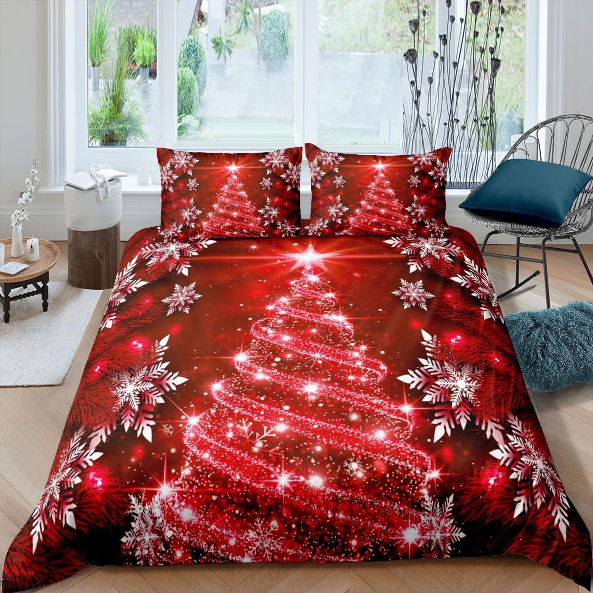 Red Xmas Theme Bedding Set Christmas Tree Duvet Cover Snowflake For Girls Daughter Bedroom Decor Girly Glitter Cover King 3Pcs EU Twin(135x200cm)