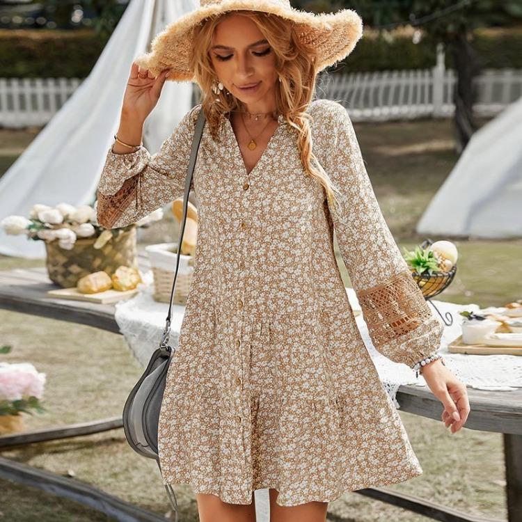 Women Floral Print Mini Dress Casual Loose Waist V-Neck Hollow Out Full Sleeve Above Knee Single Breasted Spring Summer S-XL