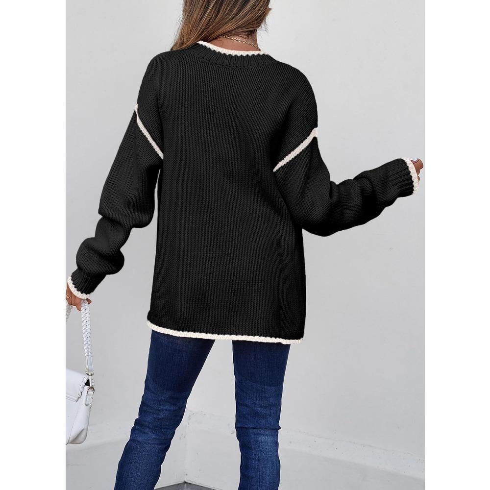 Casual Pullover Long Sleeved Loose Contrasting Solid Color Women's Sweaters