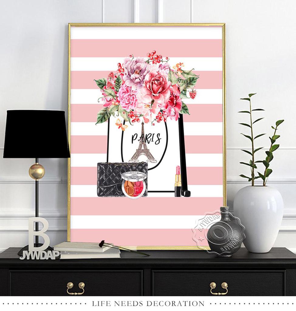 Fashion Illustration Watercolor Floral Prints Art Poster, Flowers Paris Perfume Canvas Painting, Minimalist Wall Decor Girl Gift No Frame