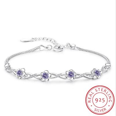 Luxury 925 Sterling Silver Bracelets Purple White Zirconia Plum Flower Bracelets &Bangles For Women Pulseira De Prata