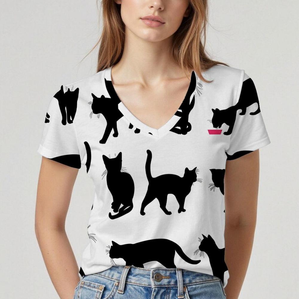 New V-neck women's short-sleeved T-shirt with cat pattern design. Summer top with soft texture, comfortable and breathable