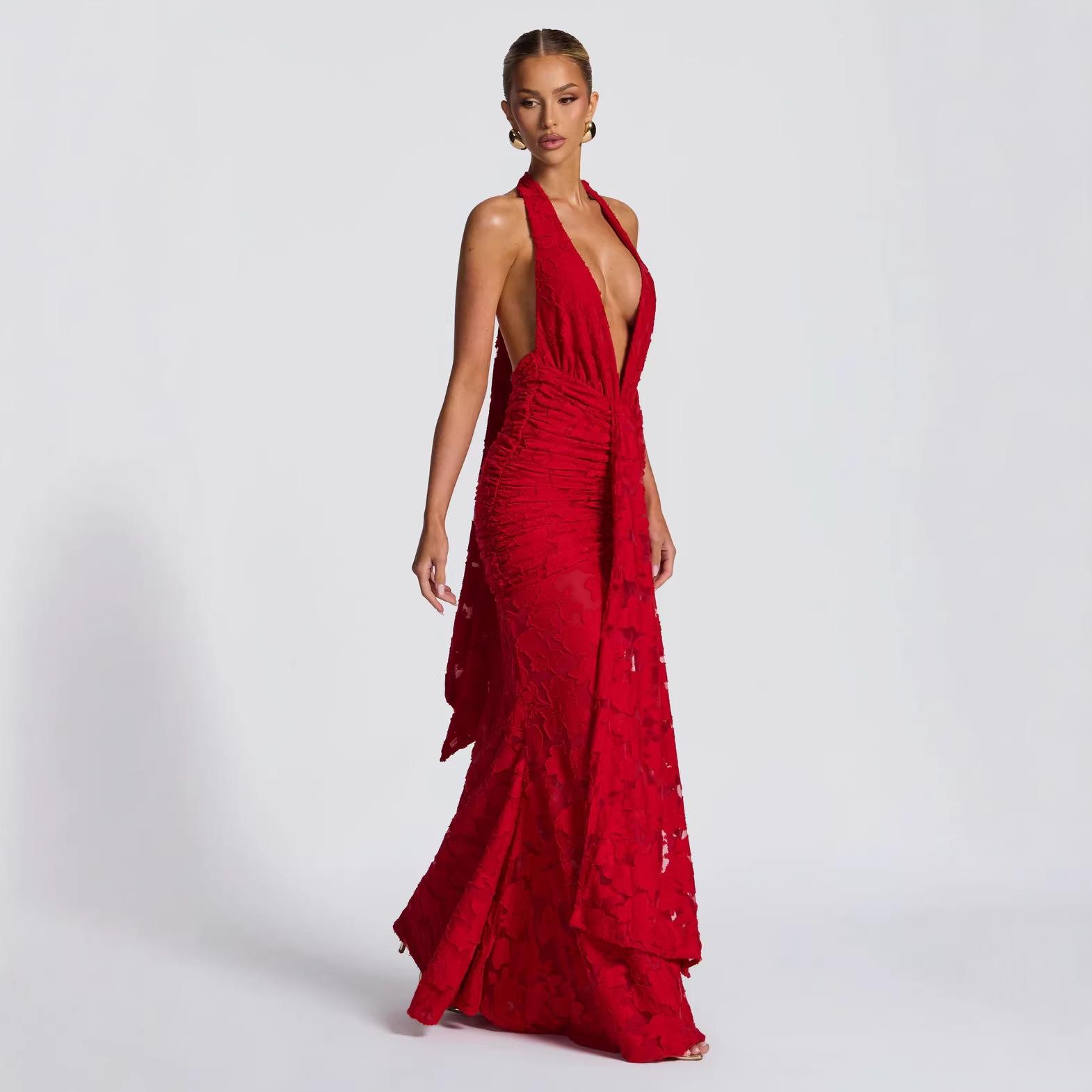 Elegant Backless Halter Bodycon Dress for Summer 2026 - European & American Style Extra Large красный