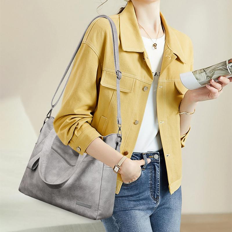 Women Vintage Soft Leather Tote Shoulder Bag Large Capacity Casual Daily Handbag with Detachable Wide Crossbody Strap Multi Pockets Commute Shopping